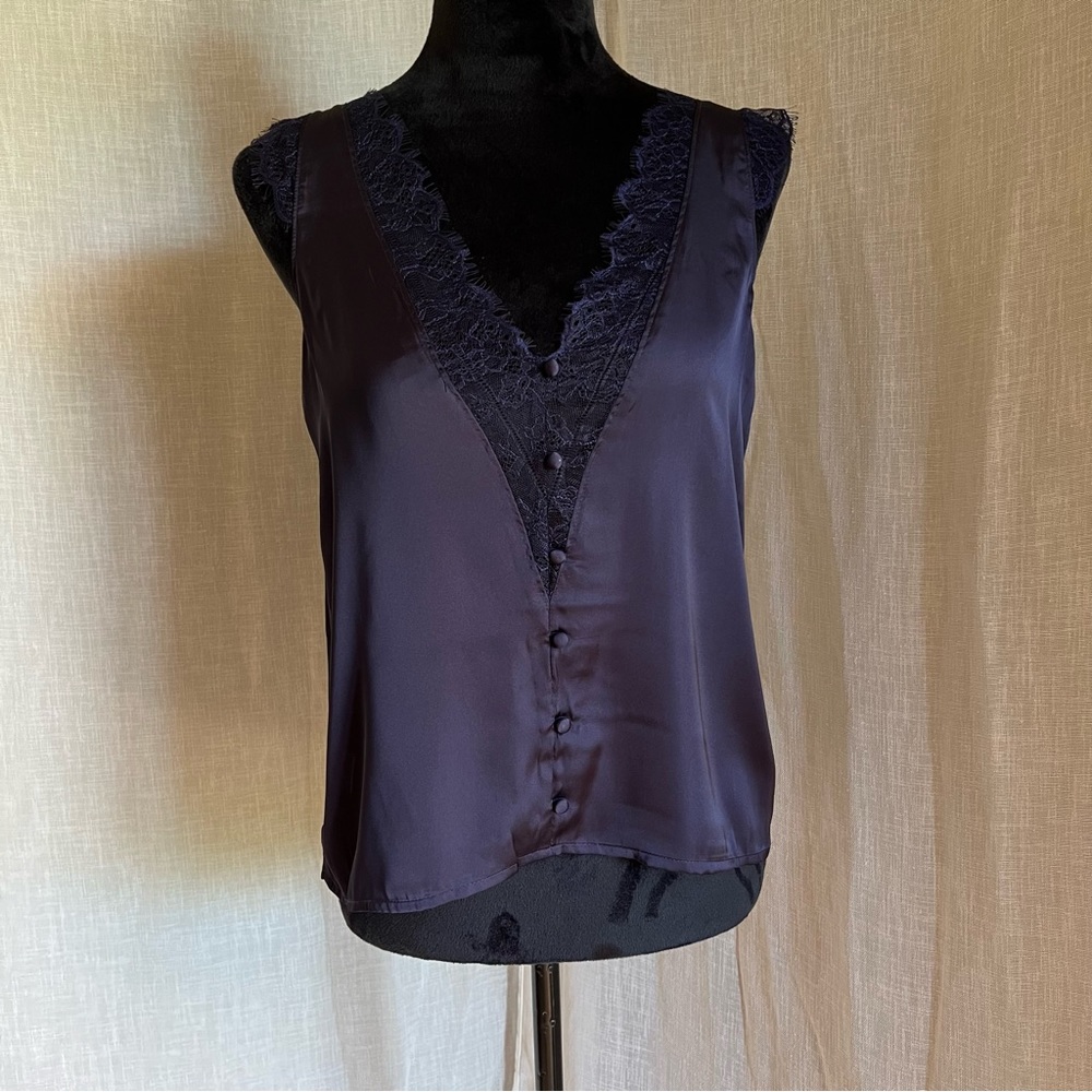 Dark Blue V-Neck Lace Sleeveless Blouse.
